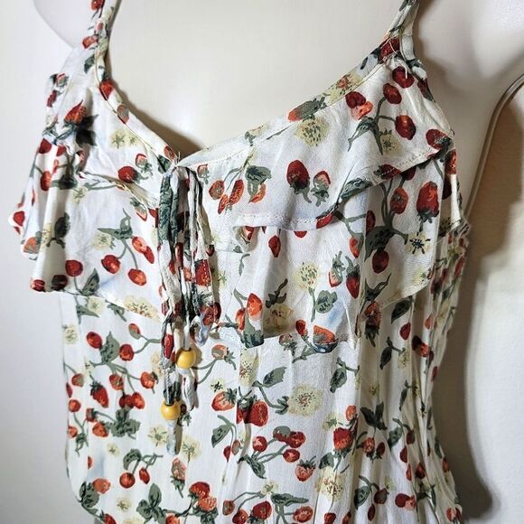 Mine Floral Strawberry Wide Leg Spaghetti Crisscross Strap Cottagecore Romper - Picture 3 of 6